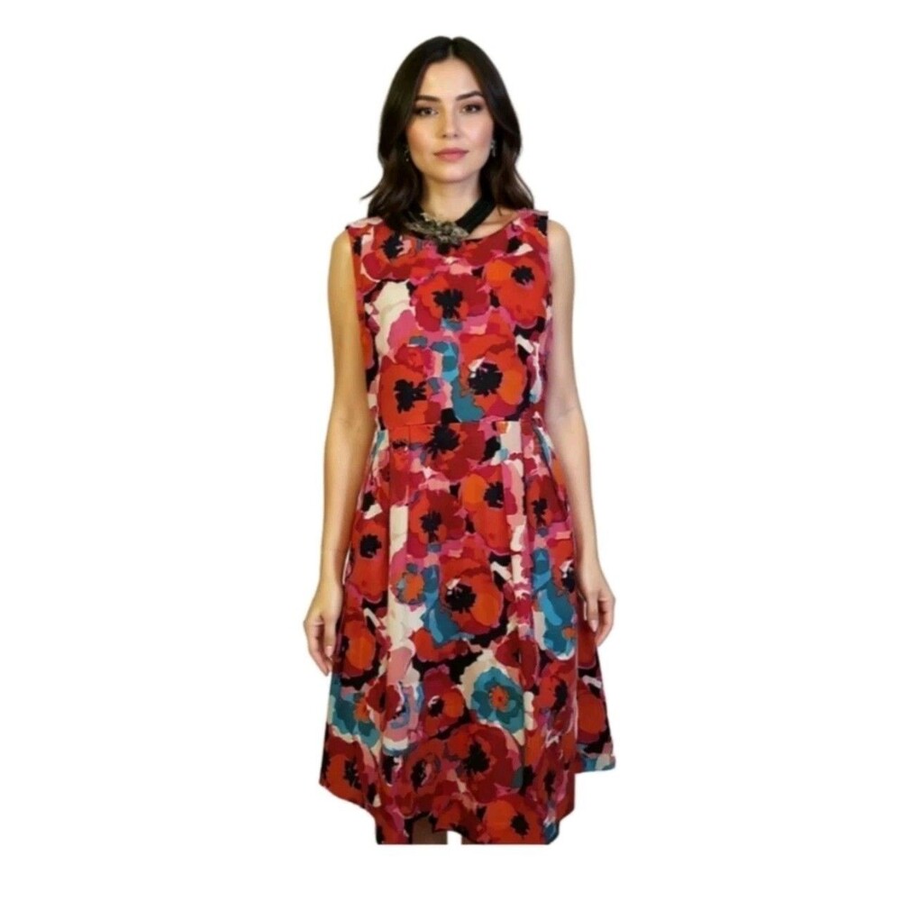 Rafaella Dress Women's Size 12 Retro Floral Watercolor Cotton A-Line Colorful